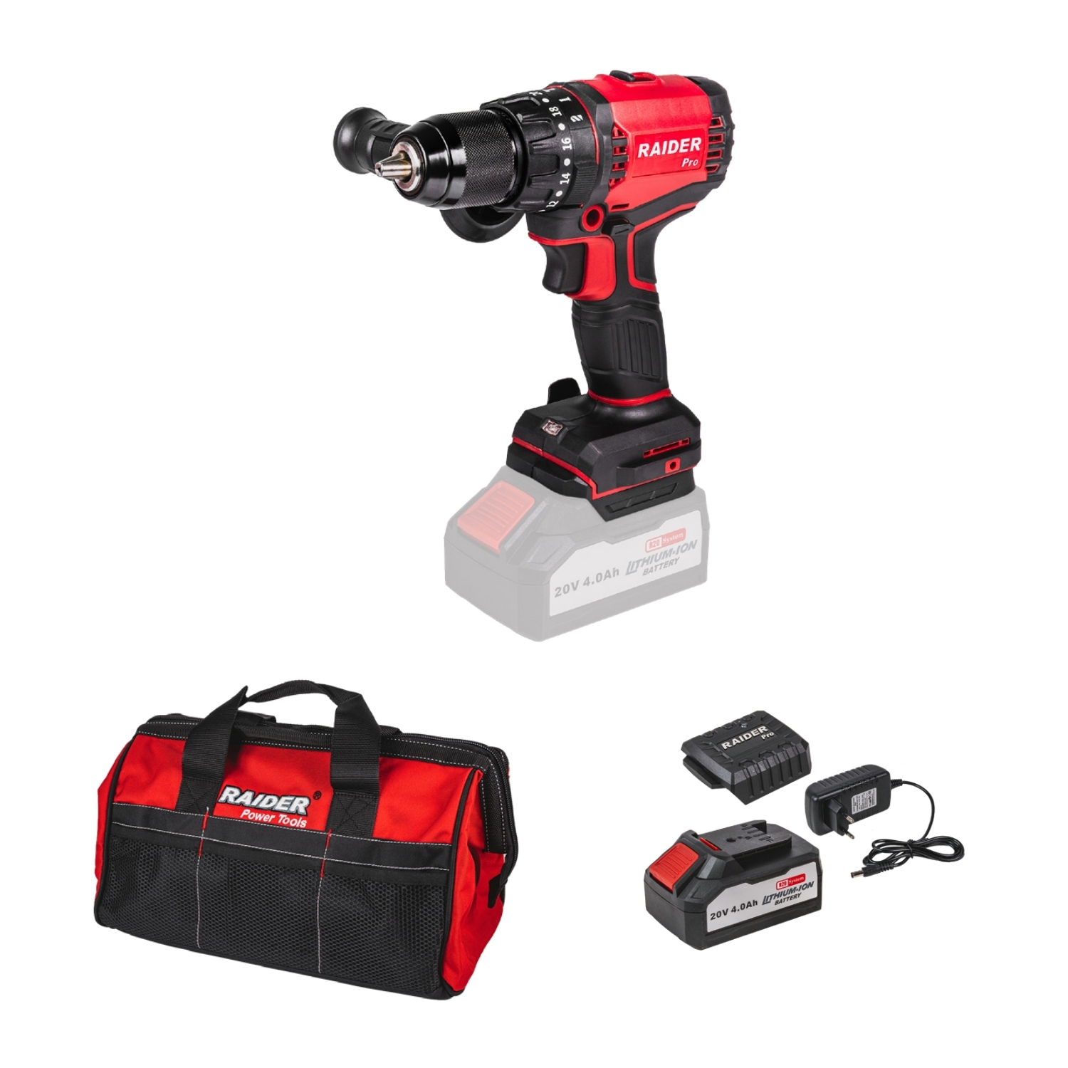 RAIDER R20 combo-03 Δραπανοκατσάβιδο κρουστικό με φορτιστή & μπαταρία 4Ah & τσάντα